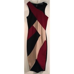 Color-blocked cocktail dress, red black and beige